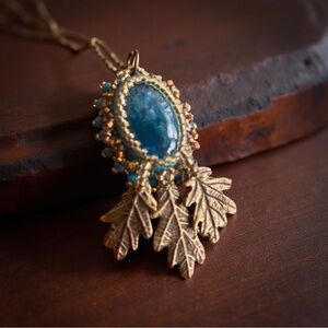 Bronze Leaf Neon Apatite Stone Bead Embroidered Pendant